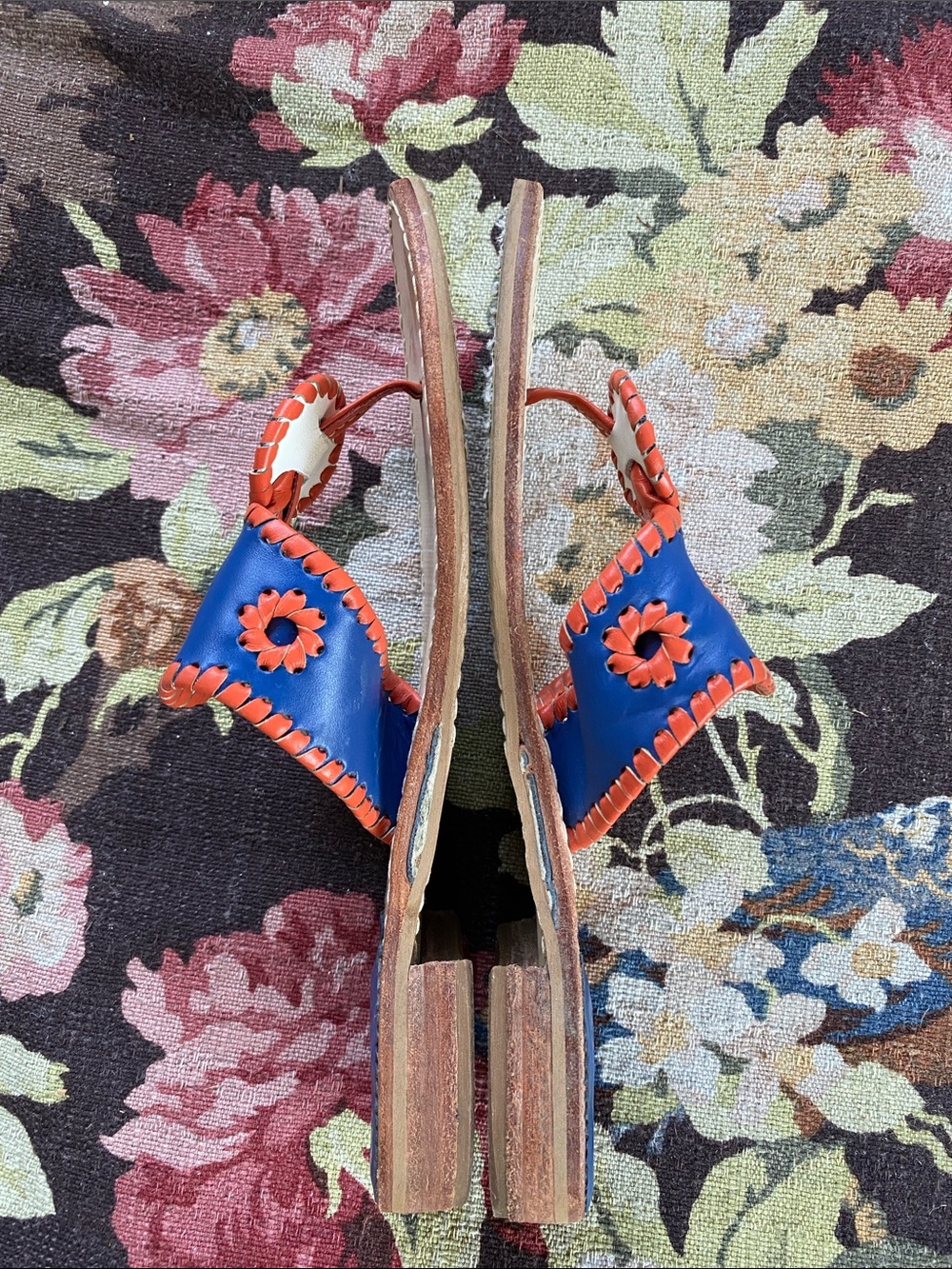 Jack Rogers Blue Leather Slide Sandals with Orange Whipstitch - Picture 4 of 4